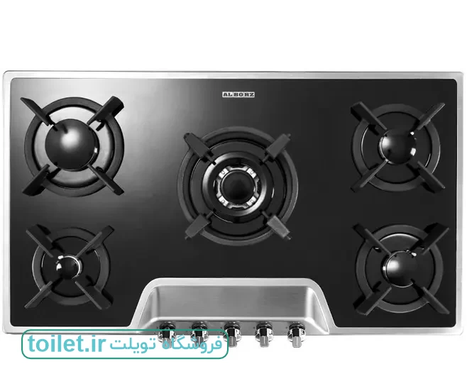 اجاق گاز پنج شعله شیشه ای فریم استیل استیل البرز مدل G5901-S مشکی     