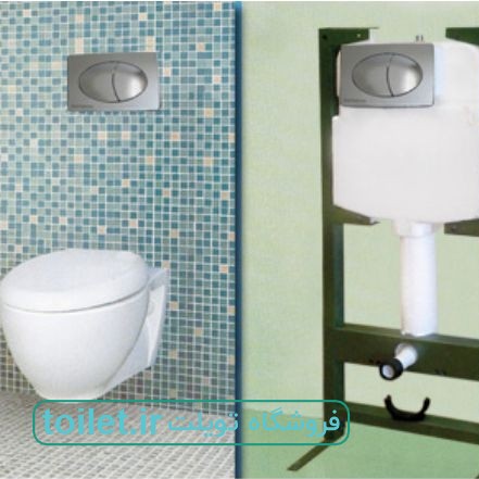 فلاش تانک توالت وال هنگ با دکمه گرد کروم دوزمانه ( مکانیزم توکار والهنگ )